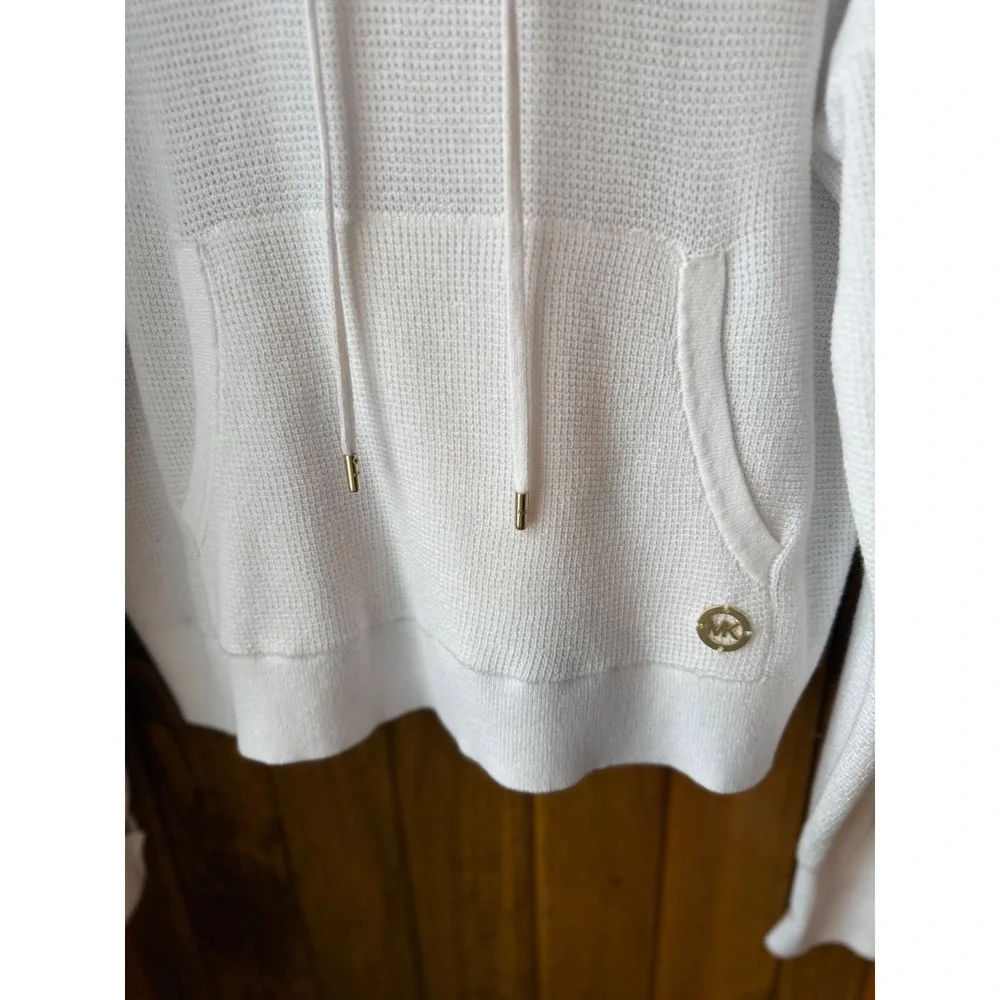 MICHAEL KORS White Waffle Knit Hoodie Pocket Drawstring Casual Womens Size M‎